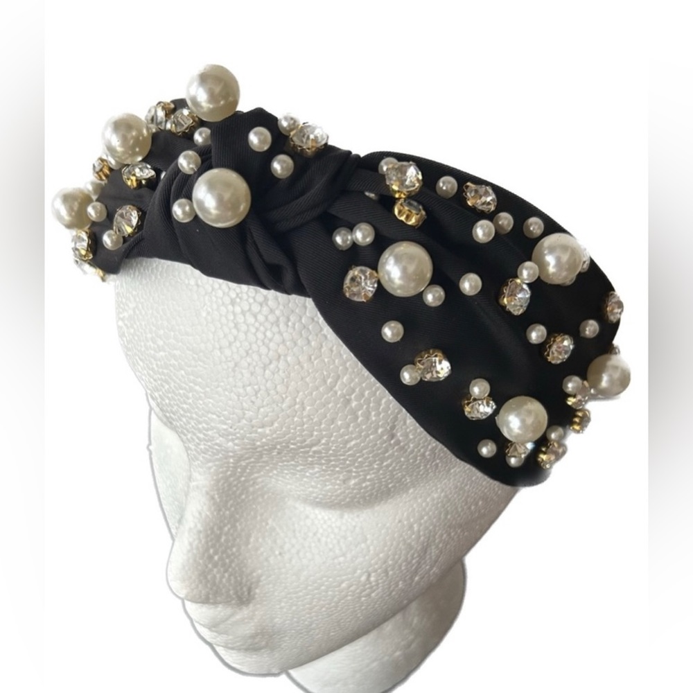 Faux Pearl & Rhinestone Wide Headband with Knot